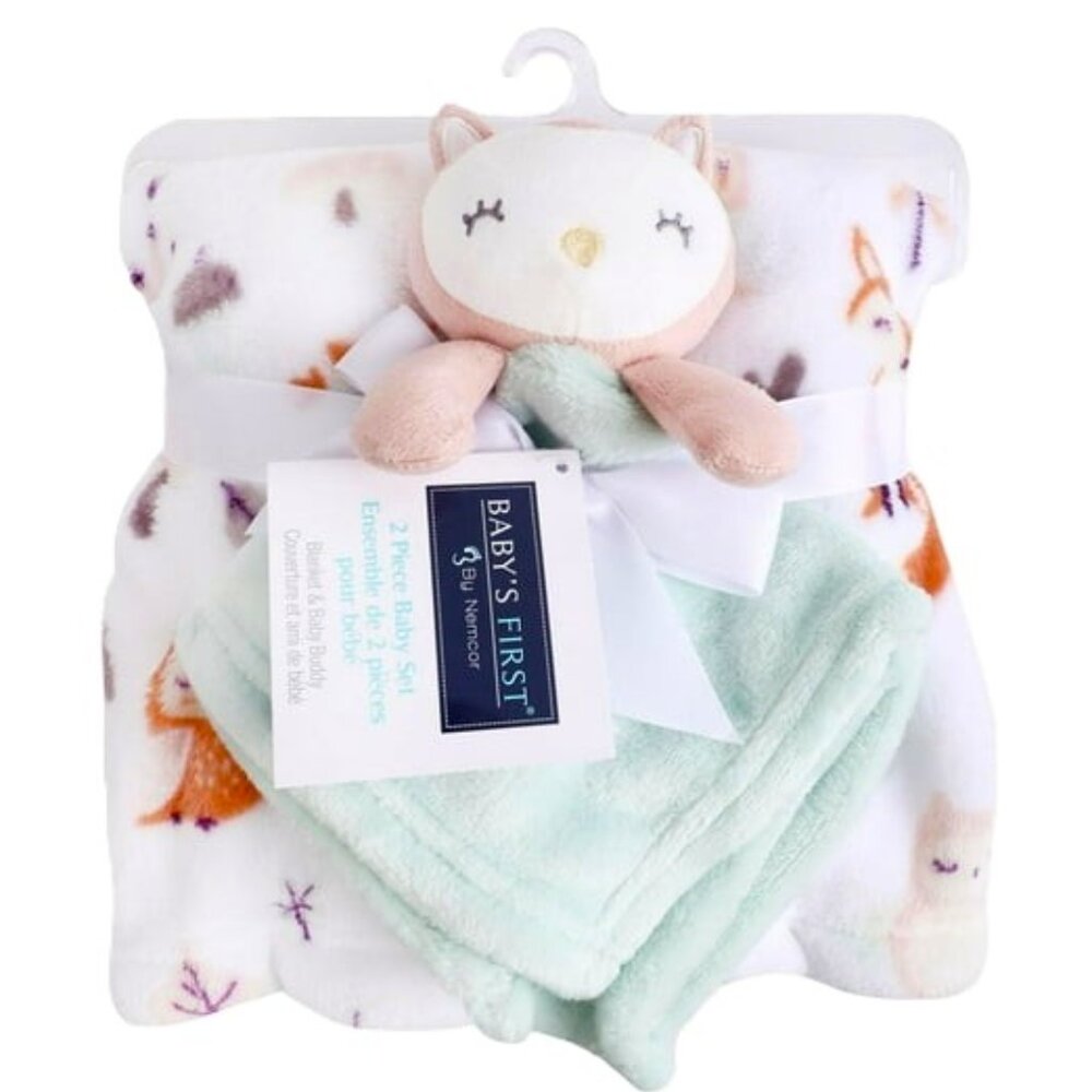 New Owl Security Blanket 2 Piece Set Baby's First Nemcor Pink Green